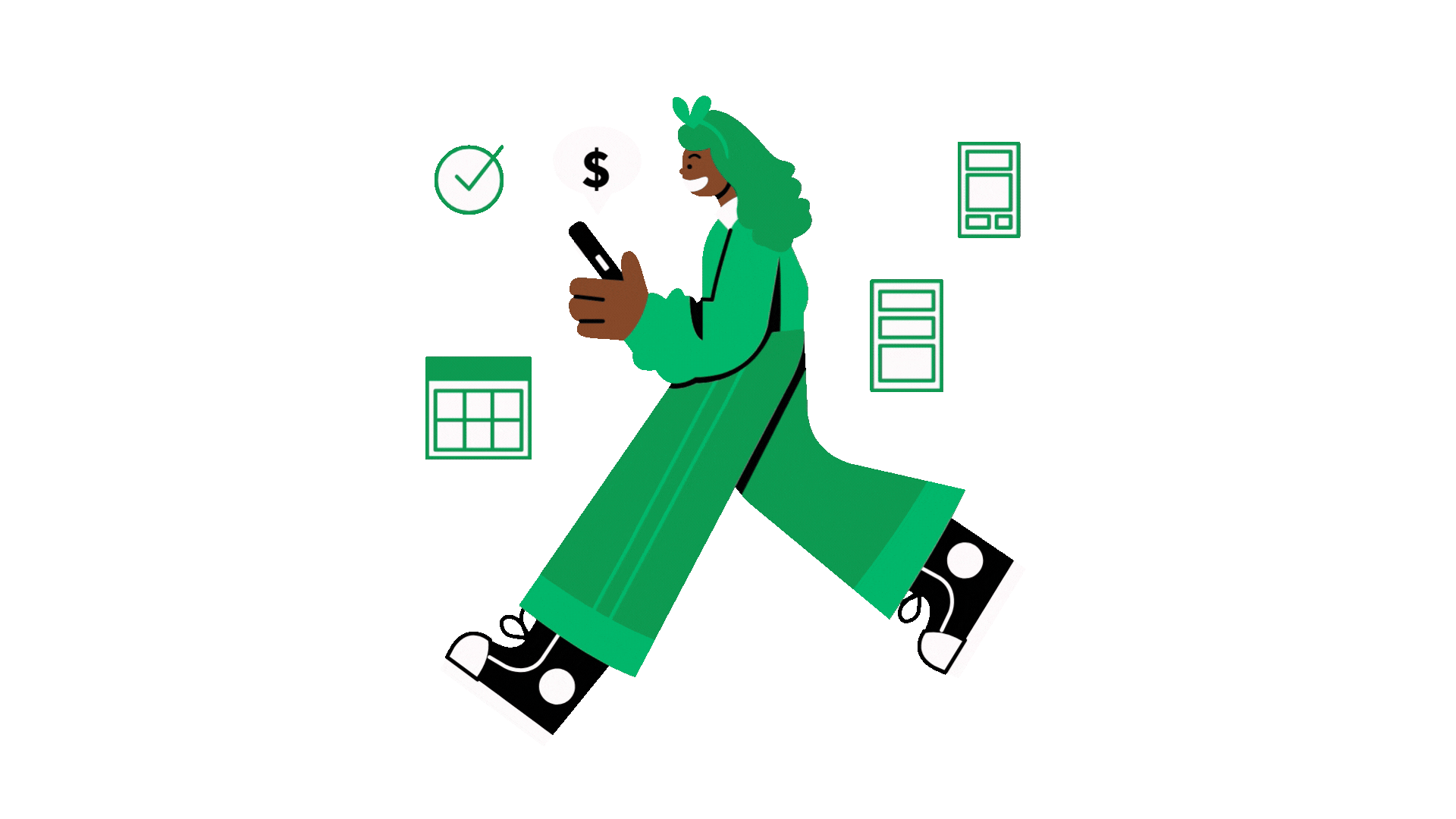 Personagem caminhando com celular e ícones cripto